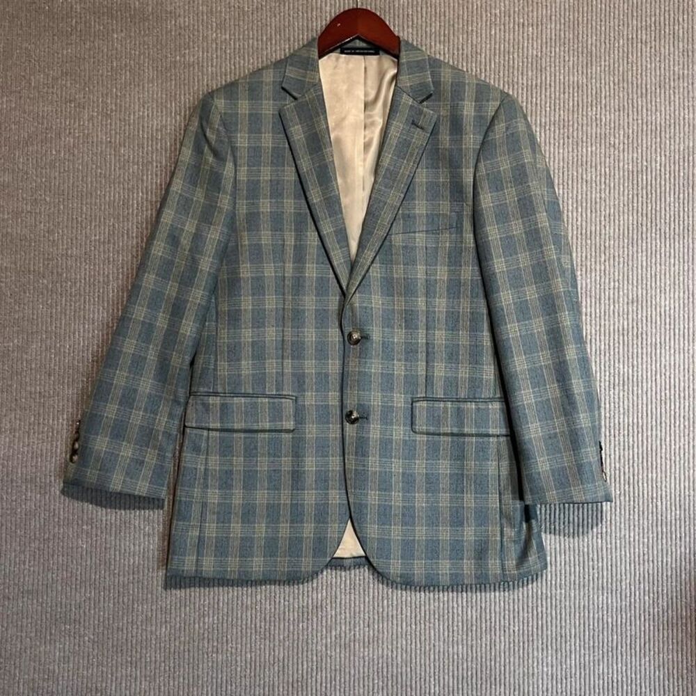 Perry Ellis Portfolio Modern Fit Men’s Blazer 38R Blue Beige Plaid Sport Coat